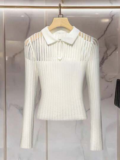 Rafferiza Women's Regular Fitted Solid Color Collar Cutout Mesh Patchwork Long Sleeve Knitted Sweater Fall Winter