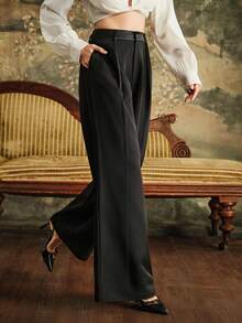 Anewsta Pantalon de costume ample et droit en satin pour femme, coupe patchwork, à la mode et polyvalente, avec poches et ceinture, collection automne/hiver