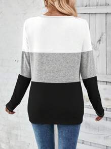 SHEIN LUNE Áo thun nữ dài tay cổ chữ V phối màu, có cúc trang trí, kiểu dáng thường ngày, thích hợp cho mùa xuân và thu. - Nhiều màu - Xem 2