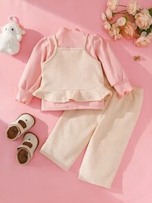 SHEIN Baby Girl Cute Solid Color Puff Sleeve T-Shirt & Cartoon Embroidered Strap Pants Set Fall Winter - Pink - View 2