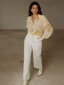 GENKIRA 复古奶油黄浪漫玫瑰花卉随机水彩印花荷叶边宽松蝙蝠袖衬衫 - 黃色 - 查看 4