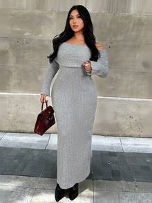 Firerie Vestido de suéter de manga larga con hombros descubiertos y unicolor para tallas grandes - Gris - Ver 4