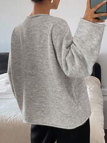 DAZY 女式纯色船领落肩休闲针织套头衫秋冬 - 灰色 - 查看 2