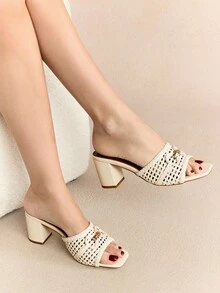 Rosivie Women's Retro One-Piece Square Toe Wooden Grain Thick Heel Brown French Mule Sandals, Fashionable For Dates, Stylish Outfits, Vacation & Casual Wear - Beige - View 8