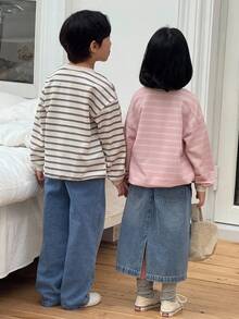 Genkimix Kids Spring/Autumn New Boys Loose Casual Striped Sweatshirt, Letter Print, Comfortable Sporty Top - Apricot - View 2