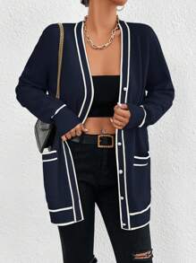 EMERY ROSE Casual Color Block Trim Dual Pocket Cardigan, Spring/Autumn Fall Winter Cloth For Women - Navy Blue - View 7