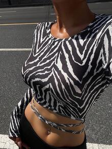 Livesso Women's Zebra Print Cropped Tie Front Long Sleeve T-Shirt