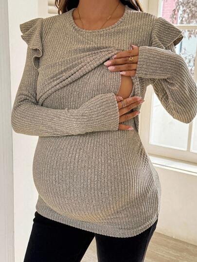 SHEIN 秋装，秋季服装，孕妇装 秋季服装 孕妇休闲纯色荷叶袖哺乳上衣 孕妇装 长袖孕妇上衣 米色孕妇上衣 罗纹孕妇上衣 哺乳孕妇上衣 哺乳服 孕妇衬衫 产后服装 孕妇上衣 孕妇衬衫