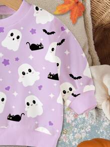 SHEIN Baby Girl Casual Cute Cartoon Halloween Ghost Print Purple Crew Neck Sweatshirt, Autumn/Winter, For Halloween Party Fall - Multicolor - View 4