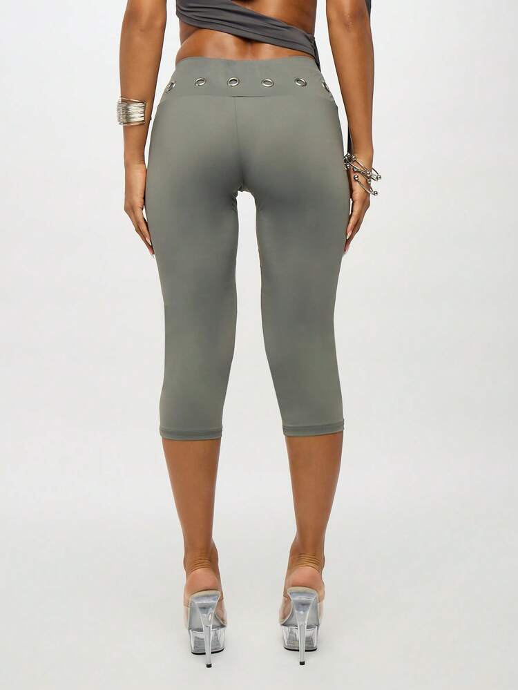 SUMWON WOMEN Grey Capri Leggings With Studded Waistband And Number Print