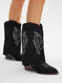 Styleloop Women's Round Toe Comfortable Chunky Heel Ankle Boots, Wrinkled Design, Versatile, Suitable For Halloween, Christmas, Autumn, Black Boots, Core - Black - View 2