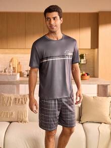 Manfinity Underwear&Sleepwear Basics 男士休闲时尚家居服套装，夏季 - 灰色 - 查看 3