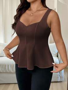 Vionelle 大码女式优雅无袖吊带背心，浪漫法式风格，适合办公室、通勤、下午茶、派对、度假，鸡心领口，正面锁孔，腰部收紧，A 字廓形，适合春夏季 - 棕色 - 查看 4