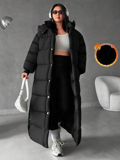 EURMUSE Long Women's Padded Coat, Winter Black, New Style Over-Knee Thickened Loose Warm Coat