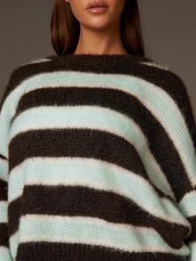 Athîral 2025秋季新款圆领休闲长袖毛衣，学院风撞色条纹落肩宽松套头毛衣，国庆节，外出上衣，秋季时尚毛衣 - 彩色 - 查看 4