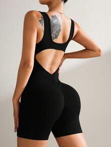 无缝腰部收紧印花连体裤 - 黑色 - 查看 5