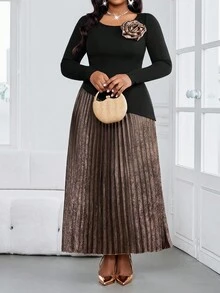 SHEIN Lady Women's Black Autumn Elegant Two Pieces Suit,Formal Evening Wedding Guest Luxury Plus Size Pleated Maxi Skirt & 3D Flower Knitted Round Neck Top - Multicolor - View 5