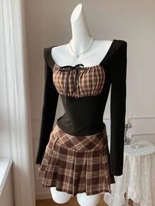 Comfortcana Women's Fitted Plaid Print Twist Collar Elegant Long Sleeve T-Shirt - Black - View 6