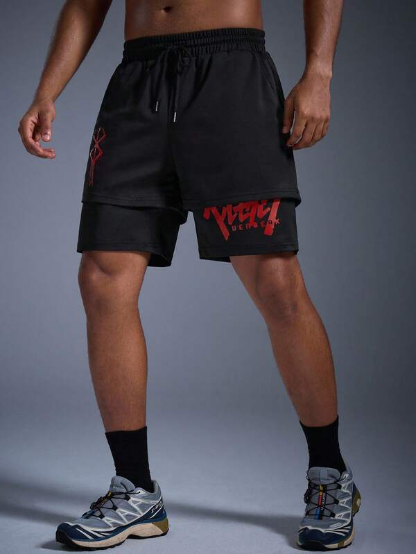  DRIFTMERE Men's Streetwear Casual Drawstring Shorts With Graphic Print, 2 In 1 Design, Red Letter Print, Pockets, Suitable For Daily Wear, Sports, Fitness, Running Spring To Summer, Men Quick Dry Lightweight Shorts, For Gym And Fitness With Good In High Stretch And Cooling Feeling Suitable For Summer, Athleisure Style, Sporty Fashion