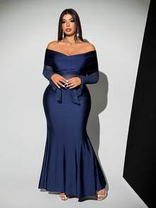 Viva Relle Plus Size Christmas Women's Off Shoulder Fashionable Sheer Flare Sleeve Solid Color Ruffle Dress - Blue - View 2