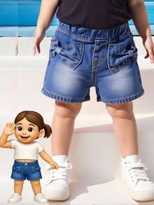 Denimly 女童休闲日常都市街头可爱蝴蝶结装饰简约百搭牛仔短裤 - 中等水洗藍 - 查看 1