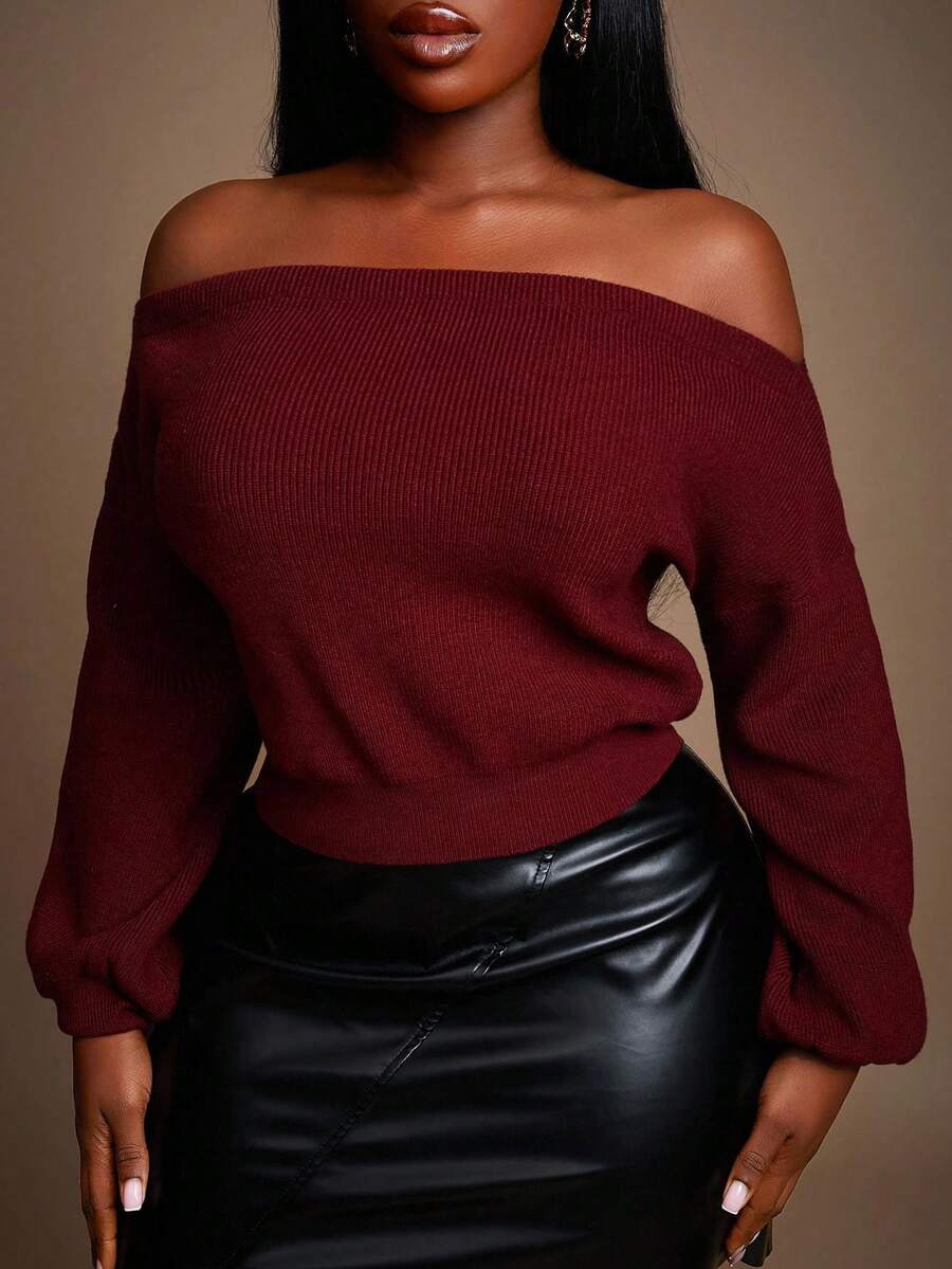 Radiana Plus Size Women's Sexy Elegant Off-Shoulder Long Sleeve Sweater, Suitable For Sexy Office Siren Coquettish, Prom, Ball, Valentine's Day, Cruise Attire, Commuting, Business - Brown - View 1