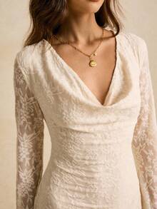 Poéselle 女士优雅通勤纯色提花垂坠领喇叭袖连衣裙 - 杏色 - 查看 5