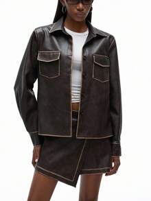 Aveloria GENKIRA 2pcs Brown Distressed Washed PU Leather Suit: Classic Collared Top With Symmetrical Chest Pockets & Asymmetric Hem Mini Skirt Fall Cloth For Women - Brown - View 3