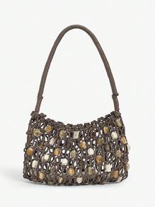 SHEIN SXY 女士、女式单肩包、流浪包、钩针包、亚克力彩色石珠、时尚、优雅、简约、个性化、多功能、适合海滩、度假、节日、夏季、海边、日常、下午茶、海滩派对 - 咖啡 - 查看 6