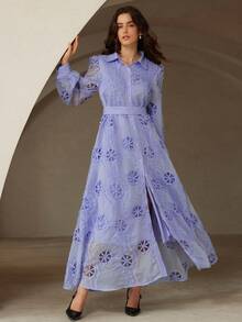 Aveloria Rosie 法式优雅浅紫色刺绣镂空长袖连衣裙（配系带腰带） - 藍色 - 查看 7