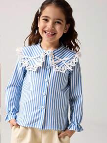 Maija Kids Maija Kids 少女条纹彼得潘领长袖衬衫，适合日常休闲和通勤穿着 - 藍色 - 查看 4