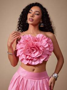 Vixey Áo corset không dây kéo khóa sau bằng vải taffeta trơn đính hoa 3D - Hồng - Xem 4