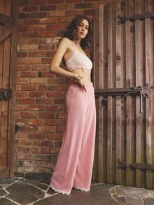 Aralina Sleepwear Fall Winter Cute Cosy Brushed Waffle Wide Leg Lounge Pant With Contrast Lace Trim - Pink - View 3