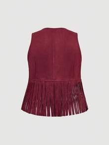 SHEIN MOD Áo khoác thường ngày tua rua bằng da lộn không tay màu trơn cỡ lớn dành cho nữ, trang phục nghỉ dưỡng, mùa thu, nữ, lễ hội Rave, hòa nhạc, thập niên 70, cổ điển, phục hưng, áo khoác mùa thu, áo vest tua rua kiểu Tây - Màu Đỏ Sâu - Xem 2