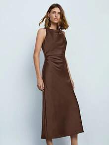 Maija Women's Solid Color Ruched Draped Neck Sleeveless Maxi Dress, Elegant Business Casual Dress, Vintage Style,Autumn Outfits For Women, Christmas Women's Clothing Party Dress