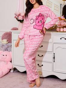 Conjunto de pijama de franela con estampado de oso lindo para mujer - Multicolor - Ver 1