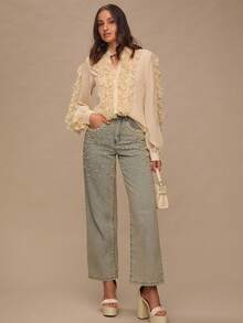 Enchnt Fall/Winter Romantic Women's Elegant Fashion Apricot Casual Romantic Lace Trim Button-Up Long Sleeve Shirt,Sweet&Elegant For Vacation&Date&Holiday&Wedding Guest&Beach&Afternoon Tea,Vestidos Elegantes De Mujer,Vestidos Elegantes Para Fiesta,Fall Shirt For Women,Autumn Clothes