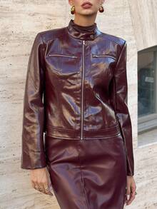 SHEIN Clasi 大码休闲保暖连帽拉链外套，秋冬季，带口袋，舒适保暖，2025新款，大码女式长袖口袋休闲外套，冬季，复古，外出，办公室，秋季，优雅，办公室，新年圣诞节 - 酒紅色 - 查看 7