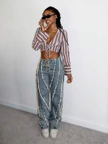 StreetHx Vintage Street Chic Distressed Tie-Up High Waist Straight Leg Jeans