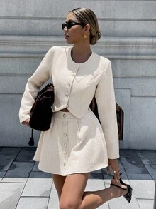 Pariaura 2件套粗花呢长袖衬衫和纽扣前裙 - 卡其色 - 查看 1