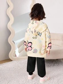 SHEIN 2 pièces/Set Tenue de sport décontractée, sweat-shirt à capuche oversize avec imprimé de fleur de cœur de bande dessinée et slogan en anglais, assorti avec un pantalon de jogging en tricot, convient pour l'automne/l'hiver, retour à l'école - Nude - Voir 5