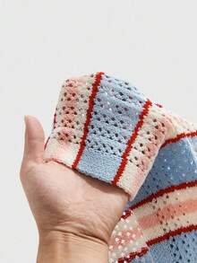 ROMWE MEN Prep 男士撞色条纹镂空针织开衫，秋冬 - 藍色 - 查看 5