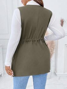 Calvaya Plus Size Solid Color Drawstring Waist Sleeveless Casual Versatile Jacket - Army Green - View 2