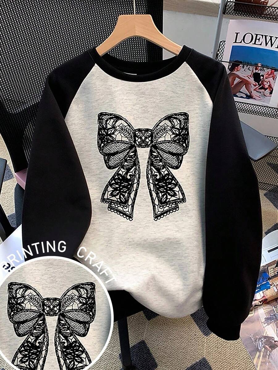 SHEIN Women's Casual Bow Print Contrast Color Sweatshirt, Popular For Autumn/Winter Fall Cloth For Women - Multicolor - View 1