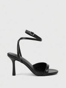 CUCCOO SZL Women's Black PU Ankle Strap Fashionable Sexy French Elegant Romantic Date Party Afternoon Tea Round Toe Stiletto High Heel Sandals - Black - View 3