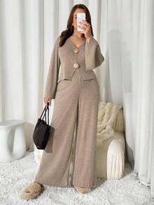 Auralis Conjunto de 2 piezas elegante de chaqueta de manga larga con cuello en V y pantalones de pierna ancha en talla grande