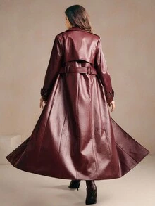 Anewsta Women's Fashionable Solid Color PU Leather Wide Lapel Loose Belted Long Leather Jacket, Suitable For Christmas And New Year Outings - Burgundy - View 1