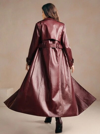 Anewsta Women's Fashionable Solid Color PU Leather Wide Lapel Loose Belted Long Leather Jacket, Suitable For Christmas And New Year Outings