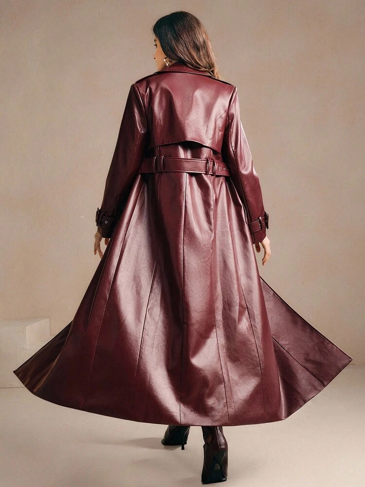 レディース ファッショナブル 無地 PUレザー ワイドラペル ルーズ ベルト付き ロングレザージャケット、クリスマスや新年のお出かけに適しています