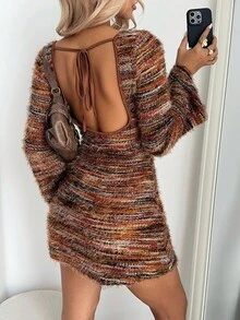 Aloruh Women's Striped Open Back Tie-Up Design Long Sleeve Fashionable Mini Dress - Multicolor - View 1